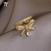 luxury shiny zircon bow double gold color open rings for woman korean fashion jewelry gothic accessories girls unusual ring set