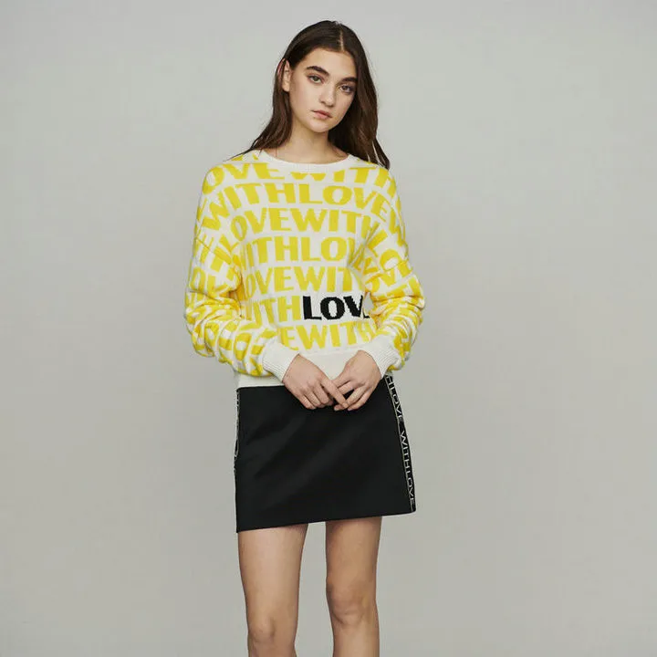 2019 Winter Christmas Yellow Letter Striped Women Sweater and Pullovers Runway Long Sleeve Female Jumper Knitted Clothes | Женская