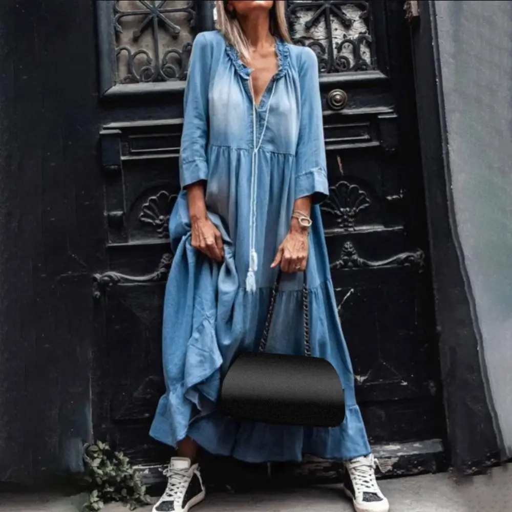

Loose Tassel Dress 3/4 Sleeve Plus Size Women Hot Sale Vintage Lace V Neck Large Hem Maxi Denim 3XL