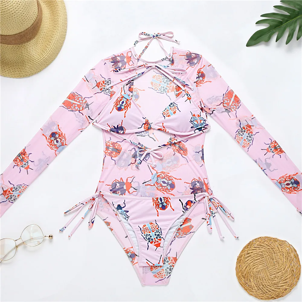 Pink Ladybug Print Mesh Sexy One Piece Swimsuit Triangle Bikini 3 Sets Long Sleeve Bodysuit Monokini Swimwear Bathing Suit | Спорт и