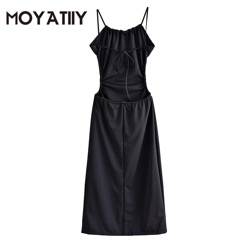 

Женское Плиссированное летнее платье-миди MOYATIIY 2022, сексуальные женские пляжные платья с открытой спиной и тонкими бретельками с бантом, жен...
