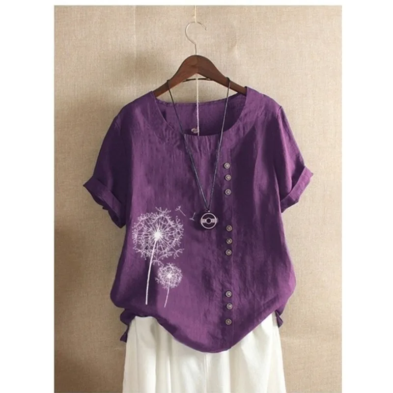 

Blouses Ladies Autumn 2020 Dandelion Printed Loose Casual Top Short Sleeve Round Neck Plus Size Elegant Shirts Femme Blusa