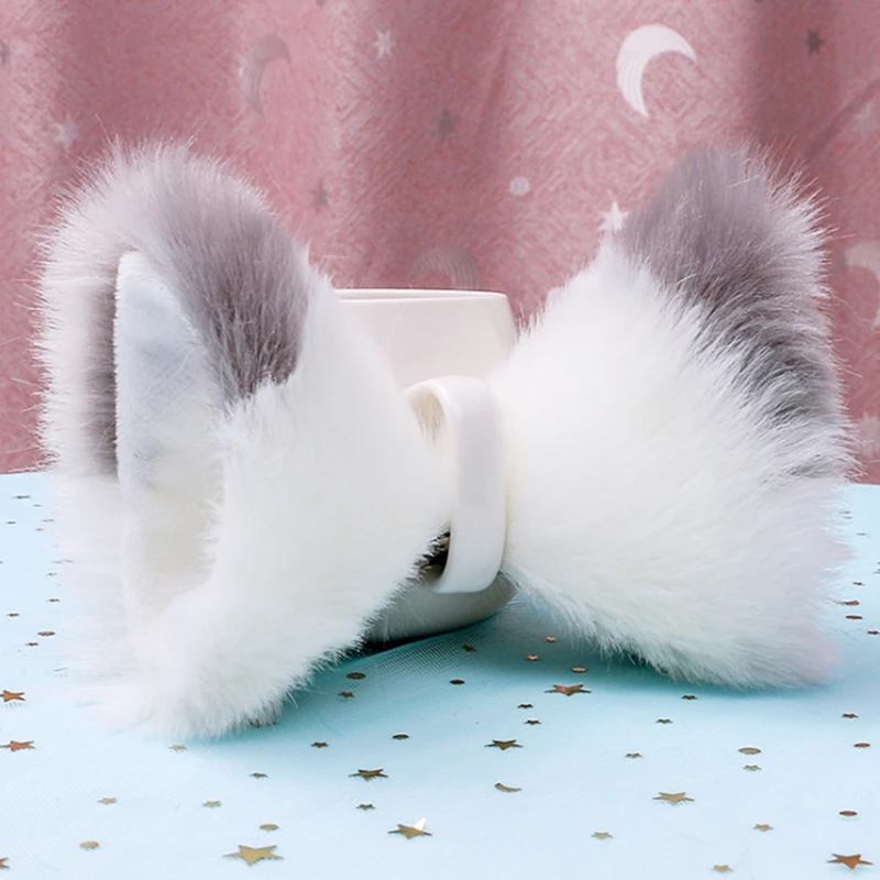 Длинные бархатные наушники ручной работы с изображением зверя черно-белые