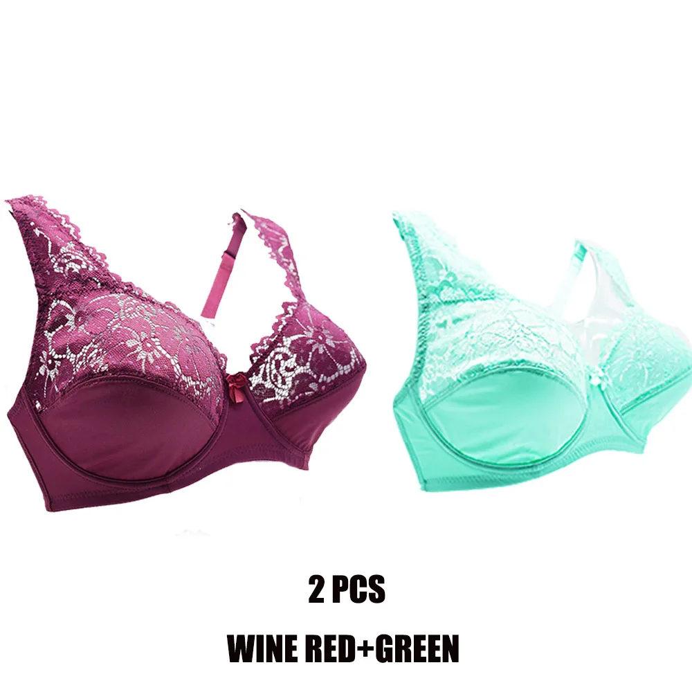 Green WineRed Комплект из 2 предметов, женские сексуальные кружевные бюстгальтеры, без подкладки, перспективный бюстгальтер, большие размеры, Бюстгальтеры на косточках с вышивкой, бюстгальтеры, женское нижнее белье - Color: Green WineRed