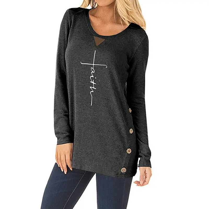 Женская блузка с принтом Faith однотонная круглым вырезом и длинным рукавом