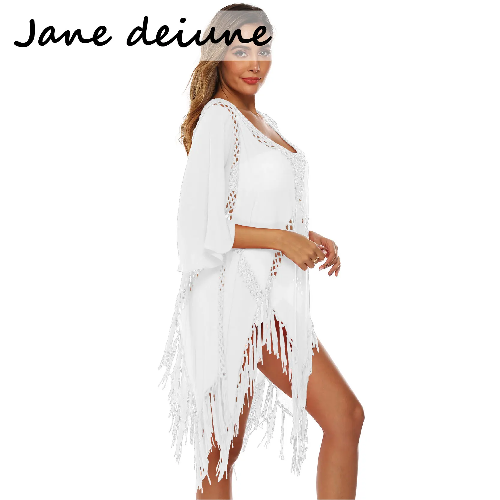 Jane Deiune Women Dresses Summer Stitching Fringe Halterneck Strap Sexy Bikini Blouse Hollow Beach Mini Strappy Skirt Sundress