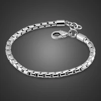real 100 925 sterling silver box chain bracelets for boys men fashion 5mm 20cm snake chain punk style cuff jewelry woman