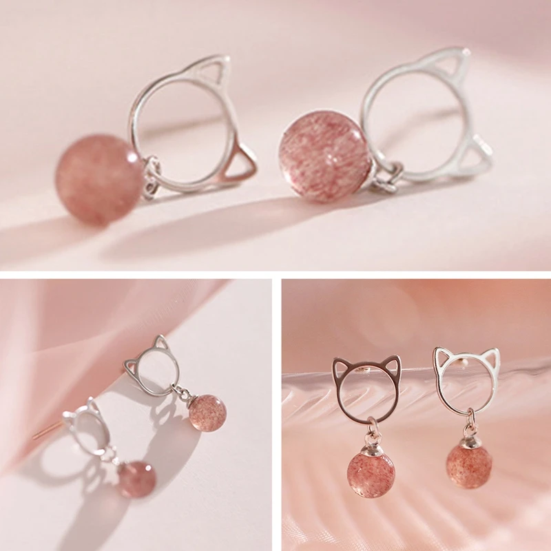 Fashion Cute Cat Drop Earrings S925 Silvery Jewelry Hanging Strawberry Crystal Stone Women's Statement Wedding Dainty Fun Gifts images - 6