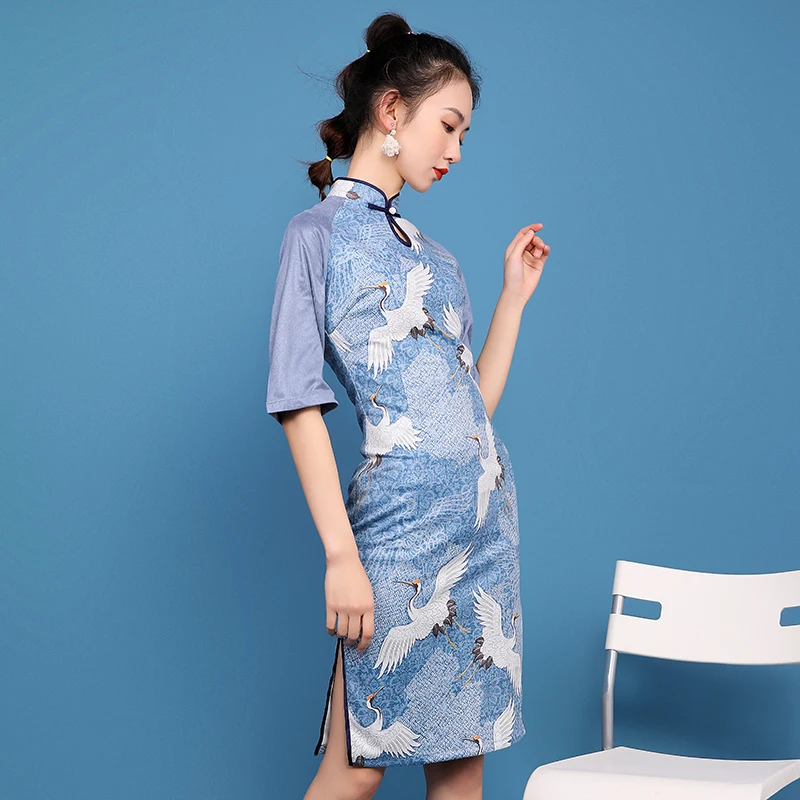Винтажное платье Ципао с принтом женское традиционное китайское коротким