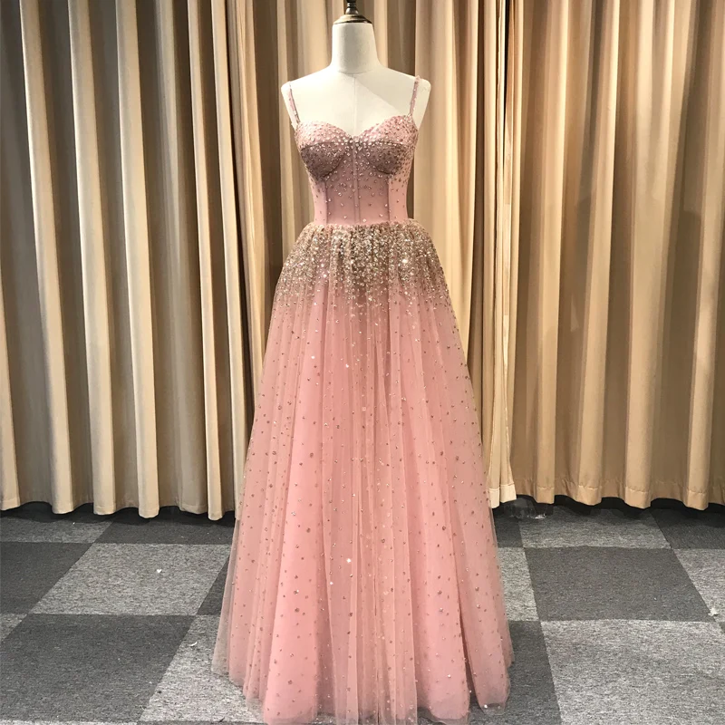 Full Crystals Pink Prom Dresses Beads Sheer Neck Long Sleeves Evening Gowns Women Party Dresses Custom Made Real Picture