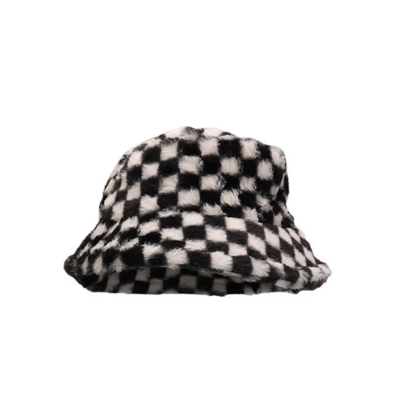 

Autumn Winter Faux Fur Bucket Hats Women Fashion Black White Plaid Fisherman Hat Outdoor Travel Warm Plush Velvet Fluffy Panama