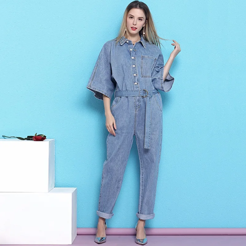 Spring new casual single-breasted belt denim jumpsuit female half sleeves overalls women NW19B6009