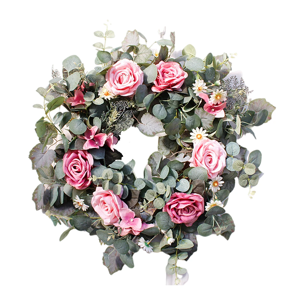 

Eucalyptus Flower Wreath Front Door Pink Rose Welcome Garland Farmhouse