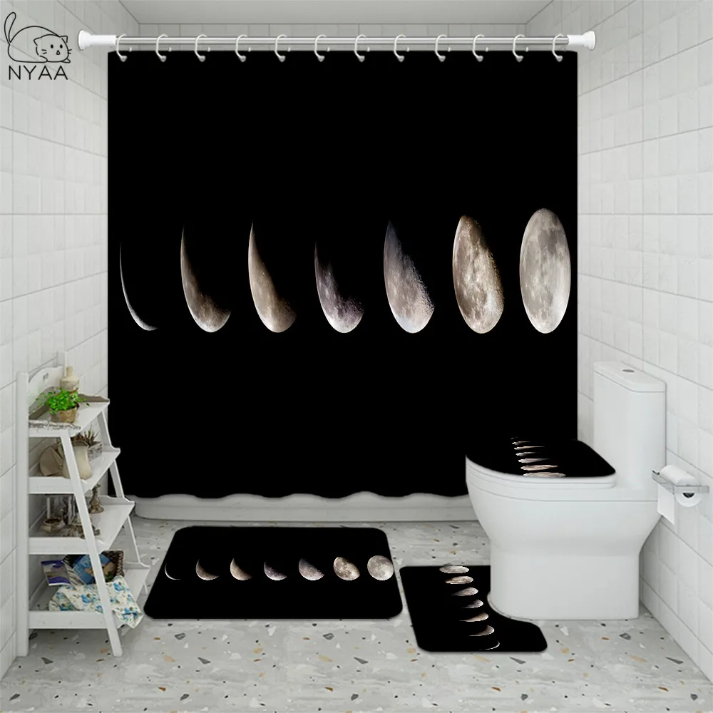 

Nordic Moon Phases Art Painting Shower Curtain Set 4pcs Moon Phase Prints Solar System Bath Curtain for Bathroom Mat Rug Carpet