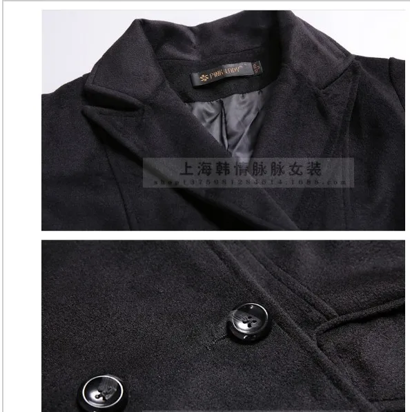 Европейская мода женское черное шерстяное пальто с лацканами Тонкий двубортный