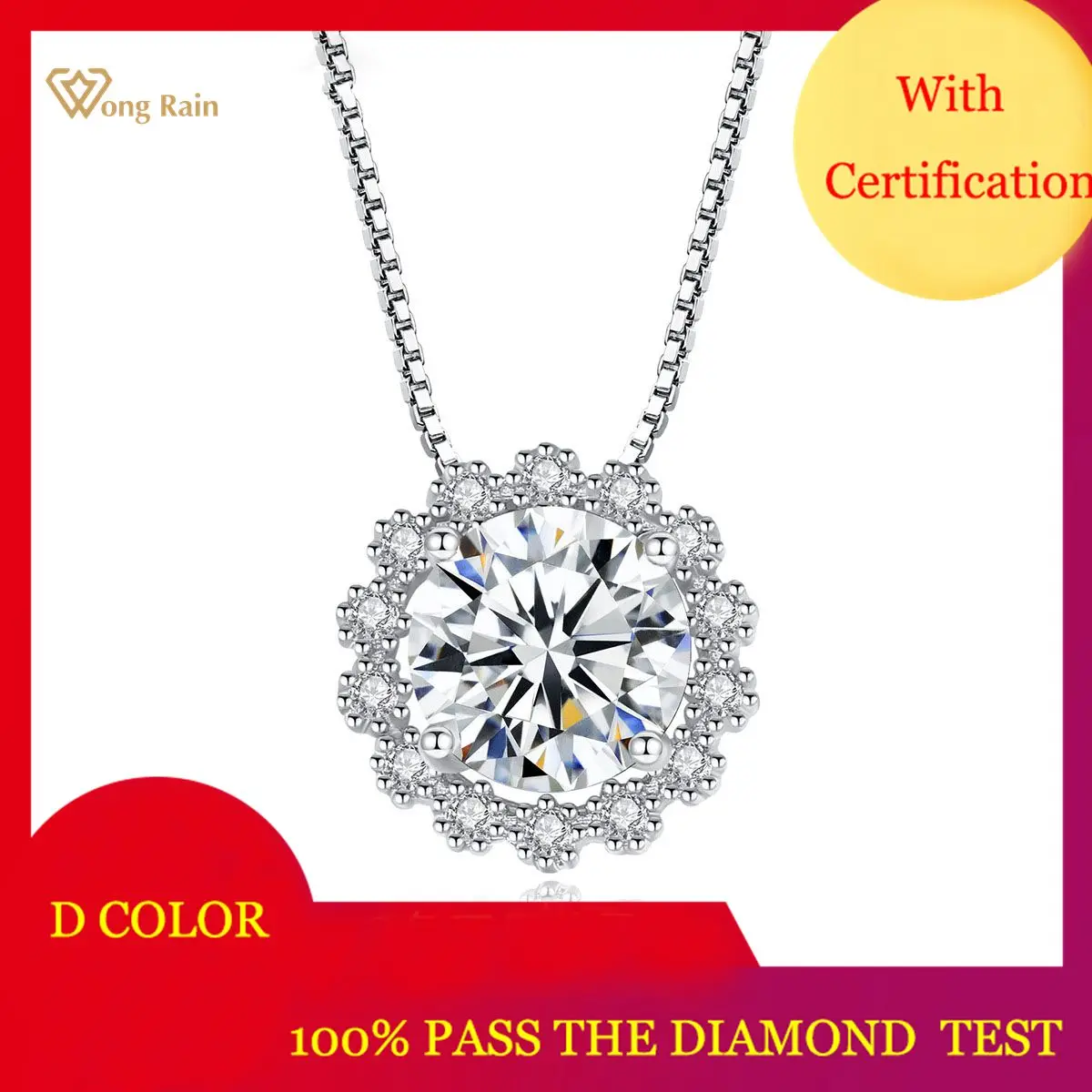 

Wong Rain 925 Sterling Silver 1 Carat Round Cut VVS1 D Color Real Moissanite Diamonds Gemstone Engagement Pendent Necklace GRA