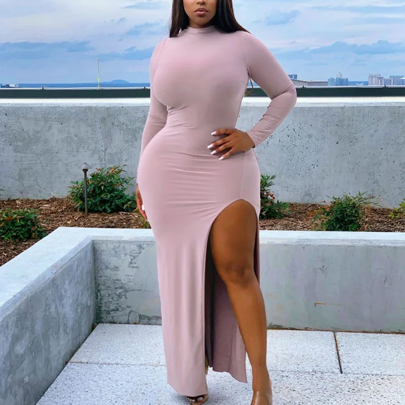 Осеннее облегающее платье с длинным рукавом соблазнительное макси Боковым