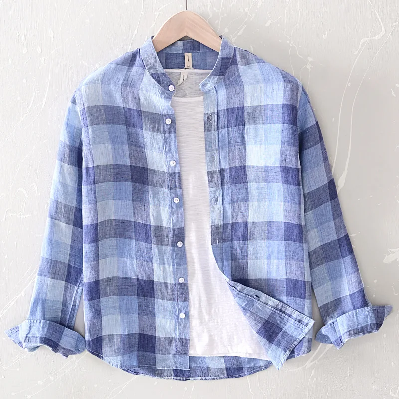 Мужская длинная рубашка из чистого льна 2020 клетчатая с воротником стойкой летняя