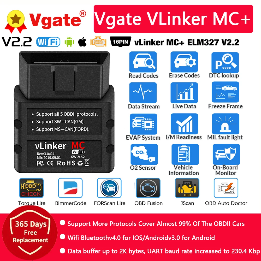 Vgate VLinker MC+ ELM327 V2.2 With BT OBD2 Scanner For Android/IOS/Windows ELM 327 wifi Car Diagnostic Scan Tool PK OBDLINK MC | Автомобили
