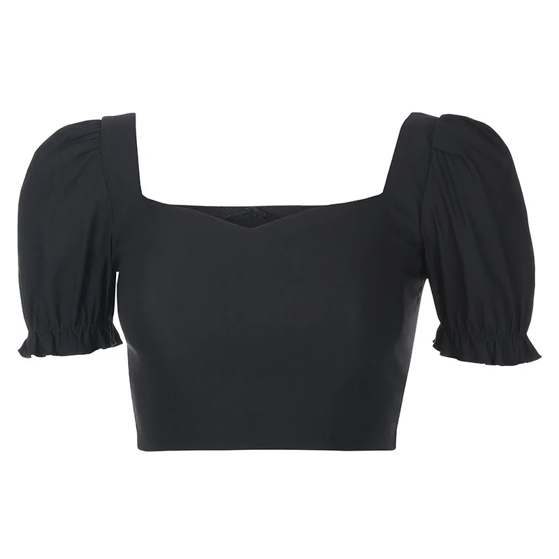 

2021 New Tight Side Puff-sleeved Square Neck Blouse Women's Short Umbilical Solid Color Short-sleeved T-shirt