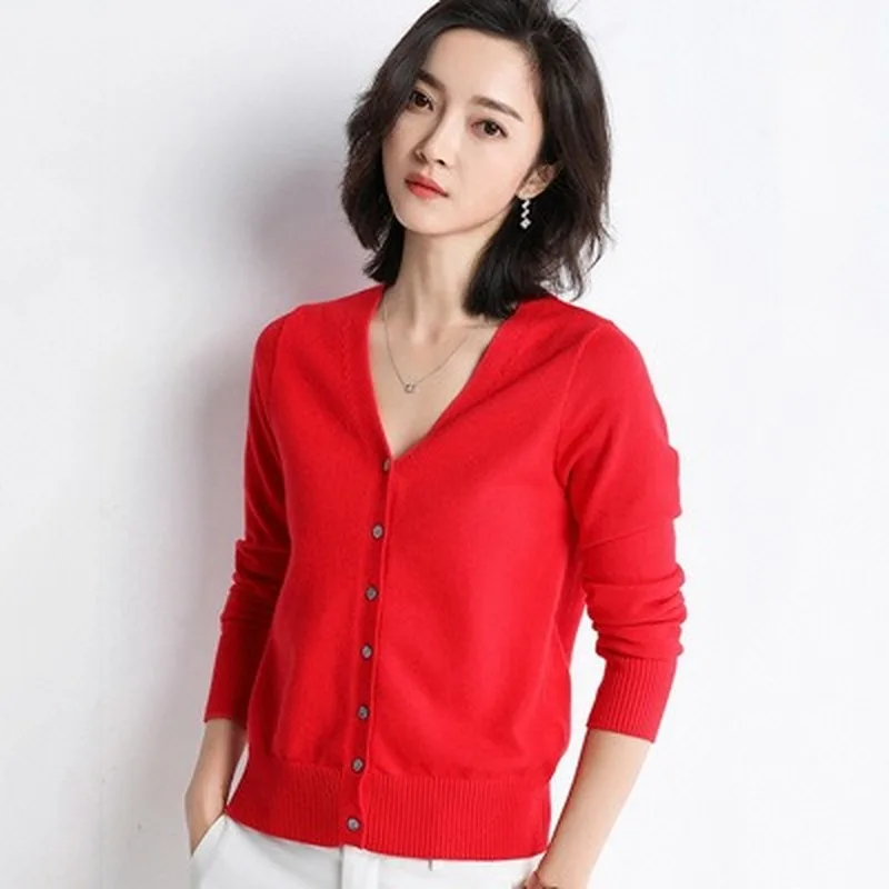 

New Spring Women's Coat Long Sleeve V-neck Knitted Cardigan Women's Short Thin Solid Color Slim Temperament Simple Slim Top