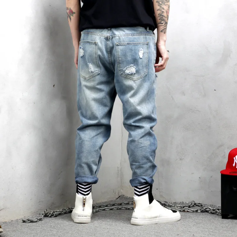 Hole jeans men 2019 spring tide brand Japanese large size male hairy light blue straight nine pants more M-5XL | Мужская одежда