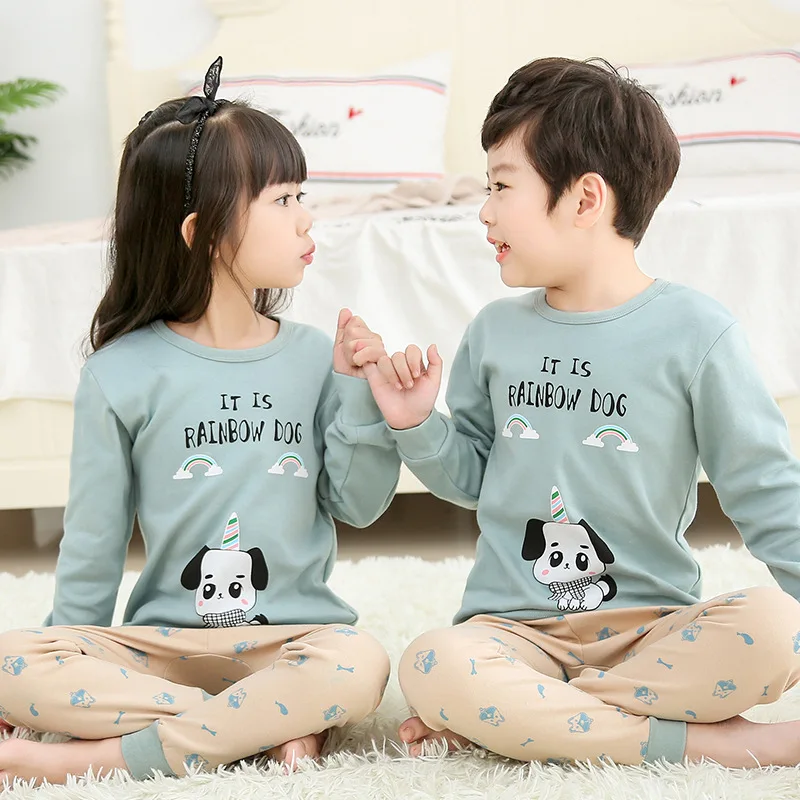 

OHMETOY 2021 Children's Clothing Suit Two-piece Cotton Sweater Long Sleeve Warm Pajamas for Boys and Girls Home Clothes