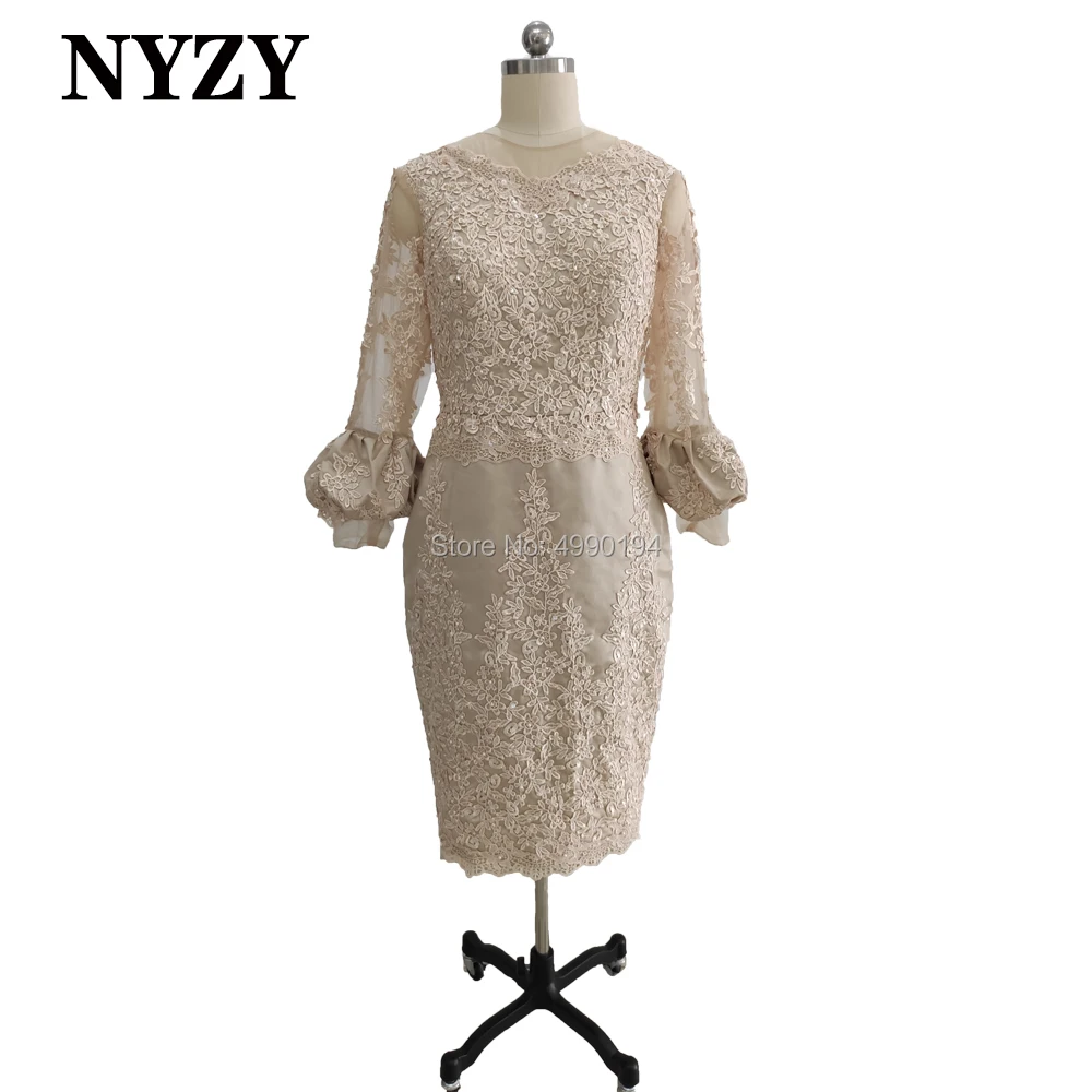 

NYZY E256 Elegant 3/4 Sleeves Lace Tea Length Champagne Mother of the Bride Groom Dresses 2020 Wedding Party Guest Wear