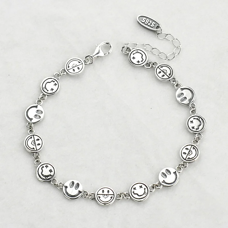 

OMHXZJ Wholesale HB65 European Fashion Woman Girl Birthday Party Gift Vintage Smile Face Chain 100% 925 Sterling Silver Bracelet