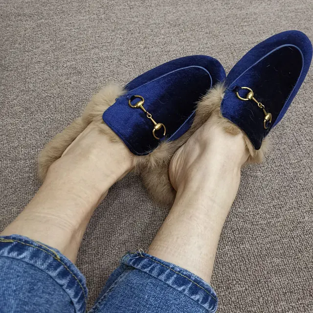 Fur Blue Velvet VISI HOP/ г.; модные Настоящий мех кролика; Шлепанцы из натуральной кожи; женские пушистые тапочки; зимняя теплая обувь - Цвет: Fur Blue Velvet