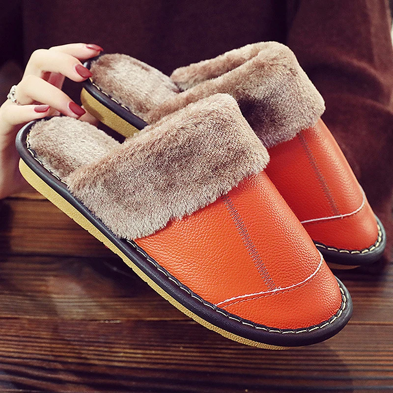Female Slippers Genuine Leather Women's Slippers for Home Soft Velvet Plush Slippers Indoor Comfy Waterproof  Shoes Woman