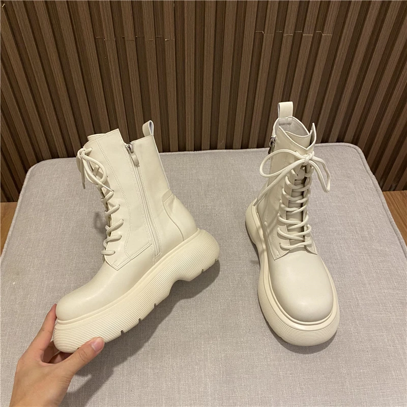 

Ankle Boots for Women 2021 NEW Spring Motorcycle Boots Thick Heel Platform Shoes Woman Slip on Round Toe Fashion Boots