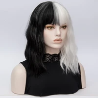high quality cruella de vil wigs deville middle long black white curly heat resistant hair cosplay wig wig cap