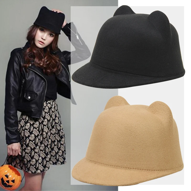 

Winter Vintage Hat Korean Cat Ears Equestrian Cap Plain Wool Felt Parent-child Caps Children Trilby Horseman Hats for Women Gift