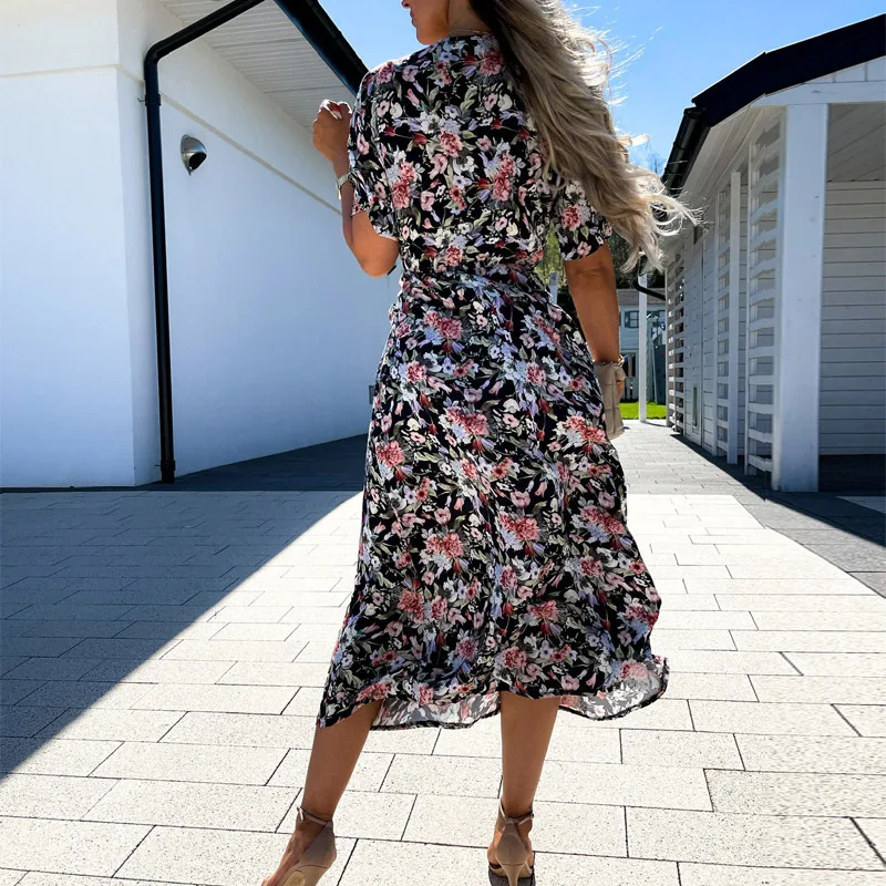 

Summer Fashion Women's Clothing Floral V-neck Short Sleeve Dresses For Women Casual Elegant Sexy Mid-waist Printed Ladies Robe