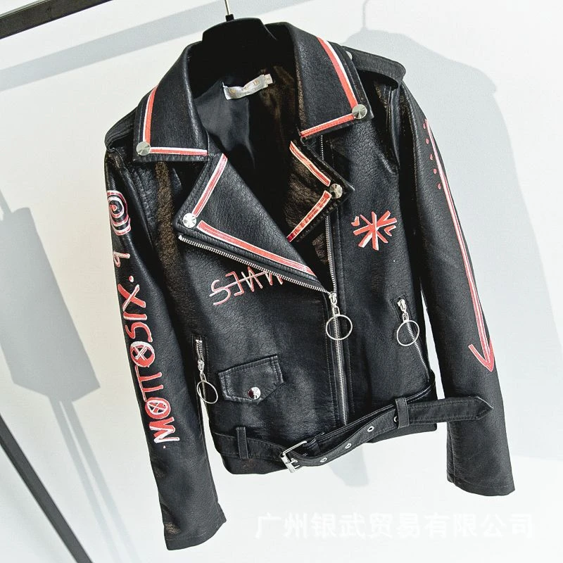 Женская кожаная куртка с длинным рукавом Повседневная Черная байкерская из