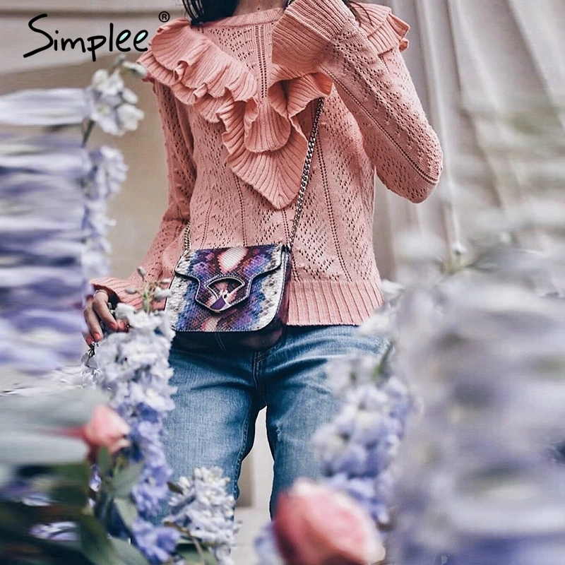 Женский вязаный свитер Simplee с рюшами полый облегающий пуловер круглым вырезом