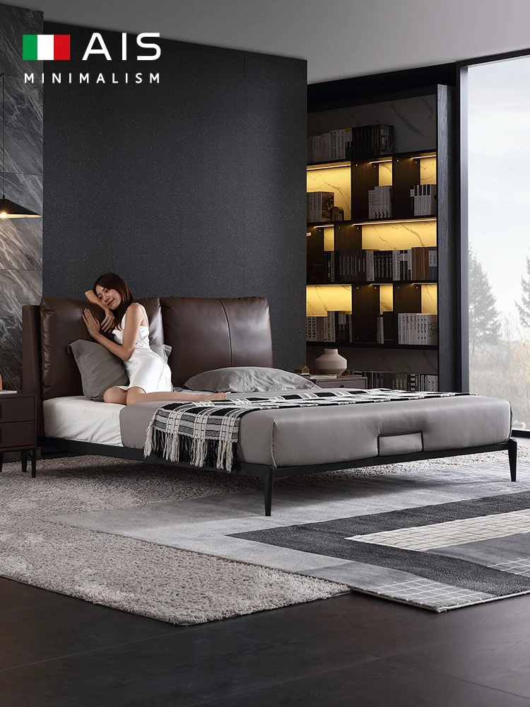 

Modern minimalist light luxury master bedroom leather big bed super soft Italian minimalist leather bed
