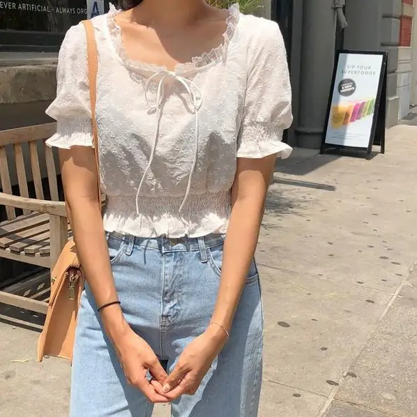 2020 Летние повседневные белые рубашки с цветочной вышивкой и бантом со шнуровкой