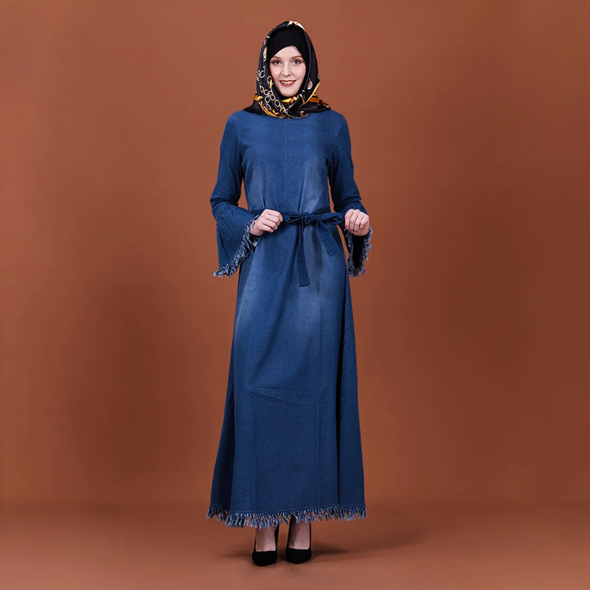 Мусульманское женское платье с расклешенными рукавами свободные джинсовые