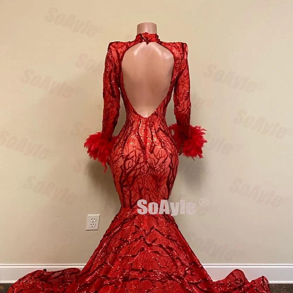 SoAyle Long Prom Dresses 2020 Sexy Backless Deep V-neck Mermaid Red Sequin African Women Prom Dress Sleeves Feathers Dresses