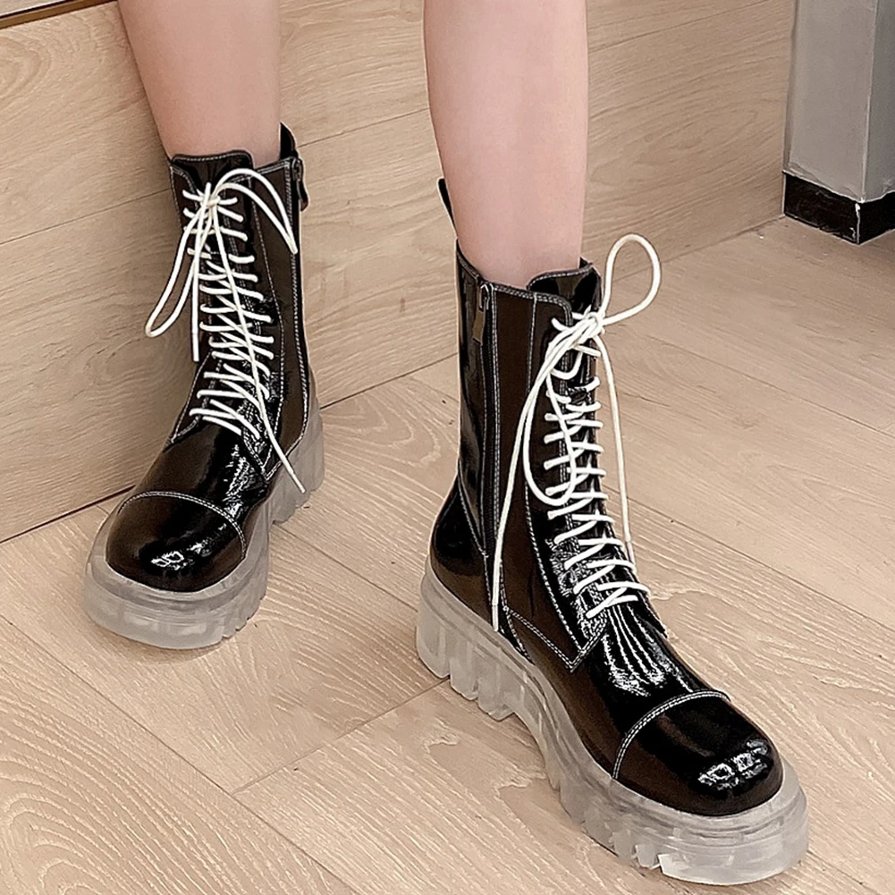 

JOUIR TALONS Hot Sale Patent Leather Women Boots Square Heel Round Toe Platform Spring/Autumn Women Mid-Calf Shoes