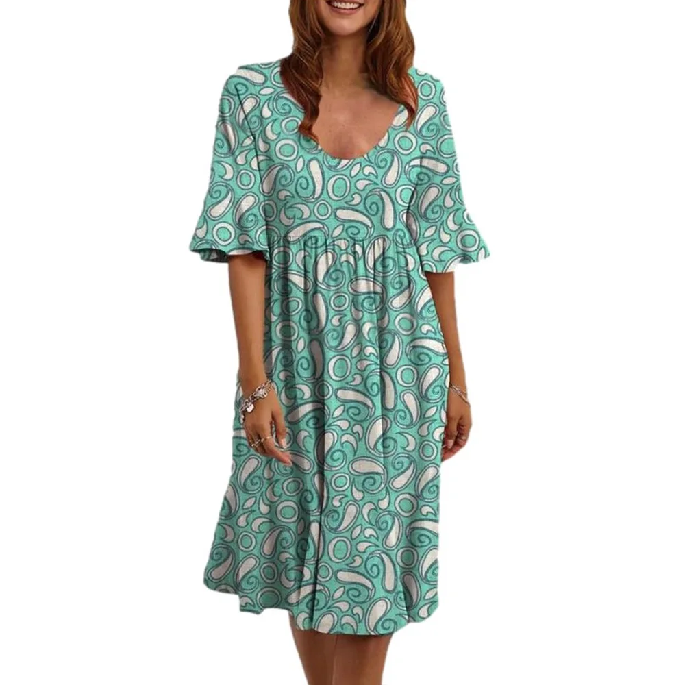 

Print Vintage Dresses Women Summer Sundress Vestido Feminino Folk-custom Knee-Length Short Sleeve Casual Loose Dress Women