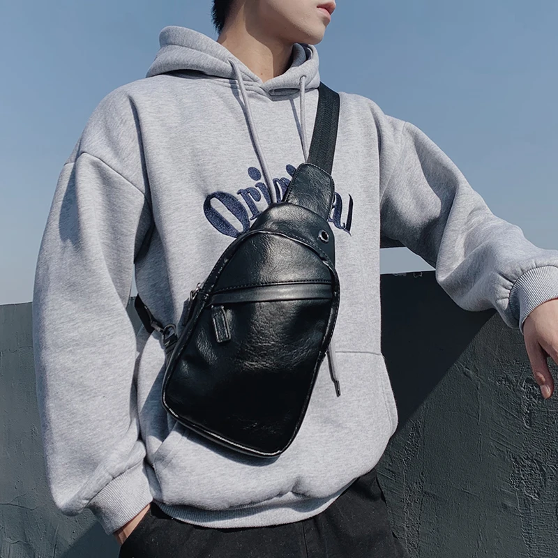 

Men's PU Leather Chest Pack Simple Business Sling Shoulder Bag Brand Male Travel Crossbody Chest Bags Street Small Handbag Trend
