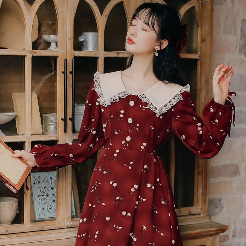 

Women's Clothing Vintage Dress Turn-Down Collar Long Sleeve Dress Red Dress