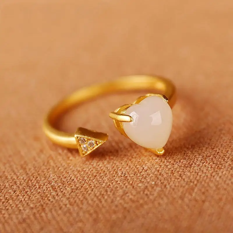 

Natural Hetian Jade White Jade S925 Women's Sterling Silver Arrow Heart-Shaped High-Grade Frosted Mouth Ring Valentine's Day Gif