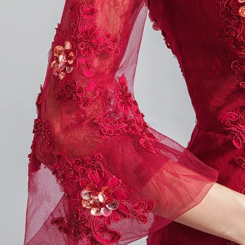 

Burgundy Luxury Evening Dress Illusion O-Neck Lace Tulle Trumpet Beading Embroidrey Sequined Elegant Women Formal Dresses TS294