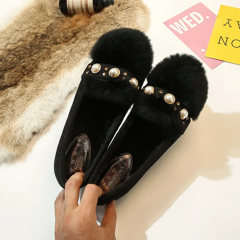 Large Size 34-43 Female Winter Super Soft Mouthful Solid Color Pearl Slip Plus Velvet Comfort Wild Casual Flat Peas Shoes B21-17 | Обувь