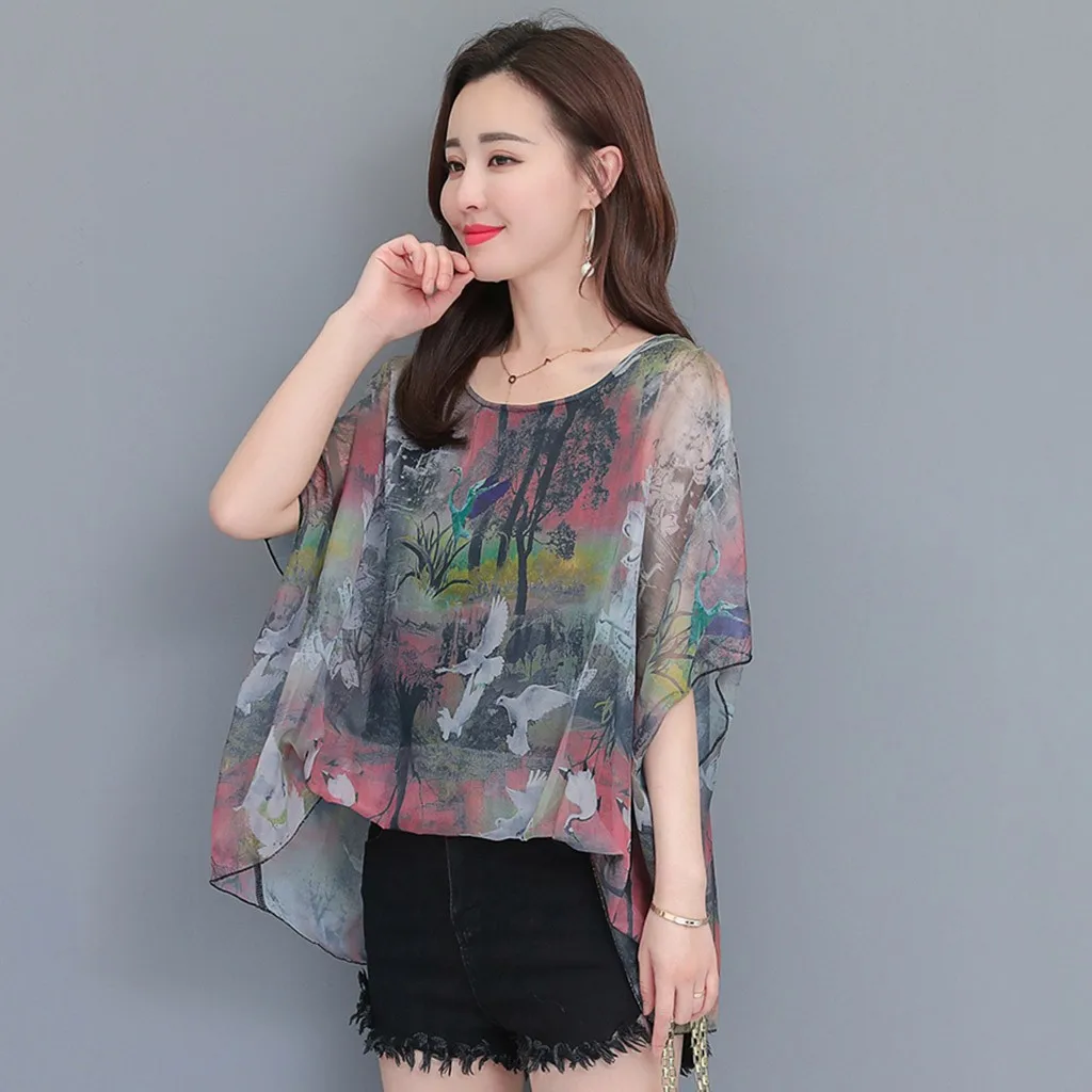 2020 женская футболка с О-образным вырезом шифоновая принтом летучая мышь короткий