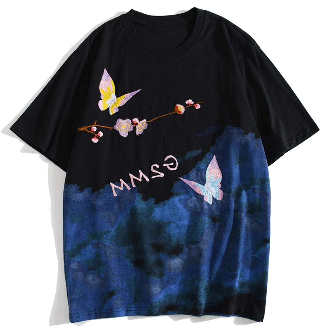 

2021 Summer Men Streetwear T Shirt Hip Hop Embroidery Floral Butterfly Tshirt Harajuku Cotton Short Sleeve Tops Tees